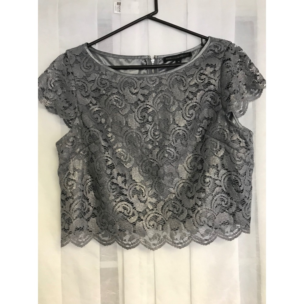 White House‎ Black Market Silver Metallic Floral Lace Crop Top Grey Size 16